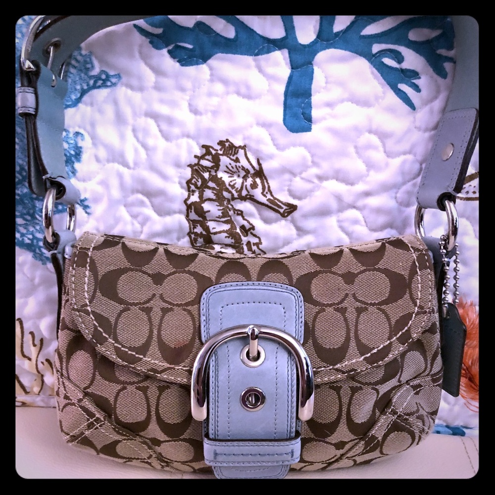 Coach tan and blue over the shoulder clutch bag